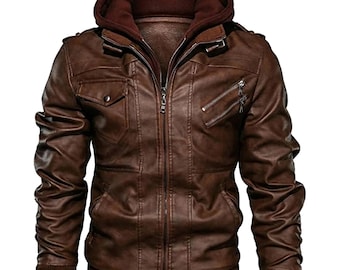 Echt schapenleer herenjack, bruin en zwart bomberjack, motorjas met afneembare capuchon, vintage leren jack voor heren