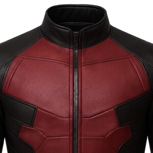 May include: A close-up of a black and red leather jacket with a high collar and a full-length zipper. The jacket features a geometric design with black panels on the shoulders and sides, and a red panel on the chest.
