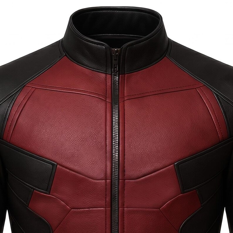 May include: A close-up of a black and red leather jacket with a high collar and a full-length zipper. The jacket features a geometric design with black panels on the shoulders and sides, and a red panel on the chest.