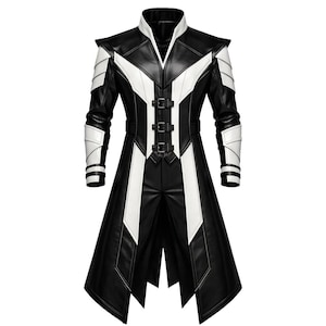 Puede incluir: Un abrigo largo de color negro y blanco con cuello alto, hombros estructurados y mangas largas con paneles blancos. El cierre frontal incluye tres correas horizontales con hebillas y paneles verticales blancos en el torso.
