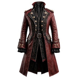 Peut inclure: Un long manteau structuré rouge foncé avec des accents noirs, doté d'un col haut, de boutons dorés à double boutonnage, d'épaulettes et d'une ceinture à boucle. Les manches ont des poignets évasés et le devant présente un design superposé.