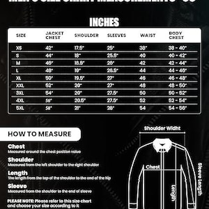 May include: A black and white size chart for men's jackets, with measurements in inches. The chart includes jacket chest, shoulder, sleeves, waist, and body chest measurements for sizes XS to 5XL. Instructions on how to measure are also included.