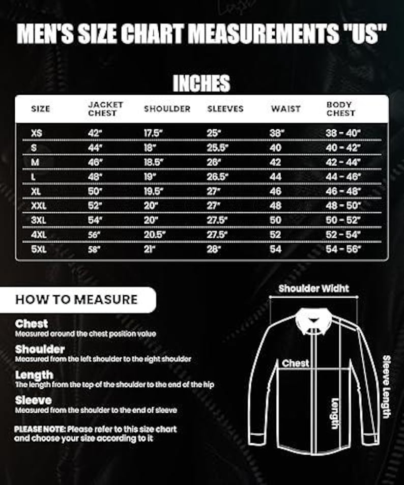 May include: A black and white size chart for men's jackets, with measurements in inches. The chart includes jacket chest, shoulder, sleeves, waist, and body chest measurements for sizes XS to 5XL. Instructions on how to measure are also included.