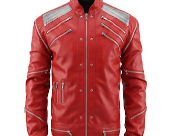Michael Jackson MJ Beat It Red Leather Biker Jacket Cosplay Costume Tribute Coat