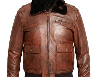 Marineblauwe G-1-bomberjas heren, pilotenjack van echt schapenleer, militair jack met schapenvachtkraag, verweerd bruin leren jack