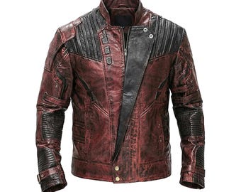 Star Lord bordeaux leren jack, Guardians of the Galaxy-cosplayjack, handgemaakte noodlijdende bikerjack, Peter Quill motorjas