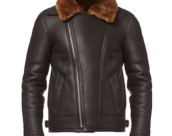 Bruine B3-bomberjas heren, asymmetrische rits bontkraag echte schapenvachtleren jas, pilot Flying Aviator-winterjas