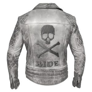 Herr Vit Macho Style Biker Cafe Racer Läderjacka Präglad Skull & Bones