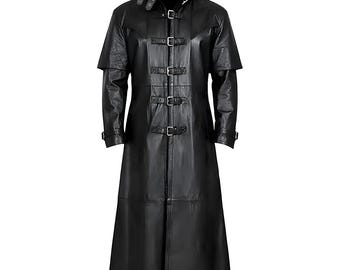 Goth-trenchcoat van zwart schapenvacht, Van Helsing-cosplay