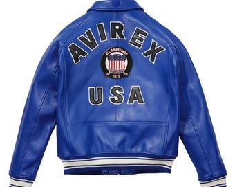 Leren herenbomberjack Avirex USA Varsity, veelkleurige handgemaakte streetwear