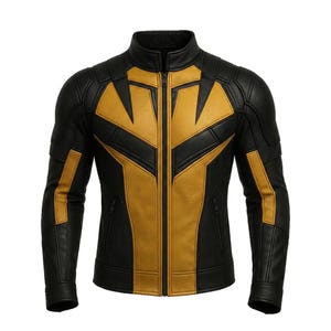 May include: Black and yellow leather jacket with a stand-up collar and a full-length zipper. The jacket features a geometric design with yellow panels on the chest and shoulders, and yellow stripes on the sleeves. The jacket has a tailored fit.