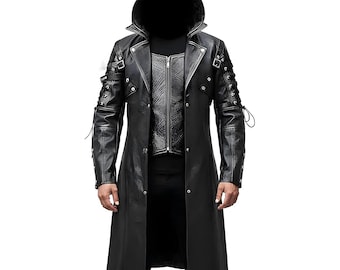 Zwarte leren trenchcoat met capuchon, gothic steampunkkostuumjasje
