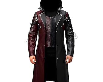 Tweekleurige lange trenchcoat met capuchon, Goth Matrix steampunk-cosplayjas