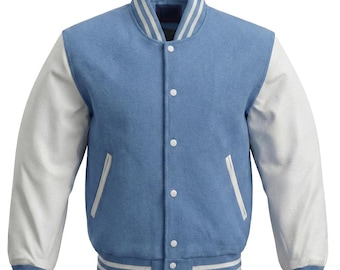 Lichtblauw Varsity-jack, witte leren mouwen, Letterman-bommenwerperstijl