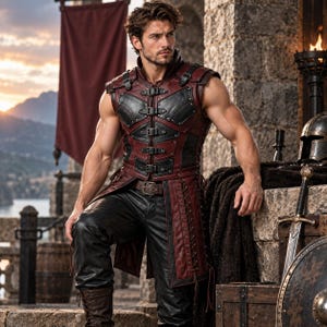 May include: A sleeveless leather vest in deep burgundy and black, featuring multiple front buckles, metal studs, and side lacing. The vest is worn over black leather trousers, creating a structured, layered appearance with visible stitching and hardware.
