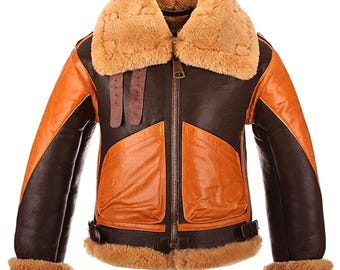 RAF B3 Aviator Flying-bomberjack, bruin met oranje tweekleurige jas, echt schapenvachtleren jack voor heren, winterjassen