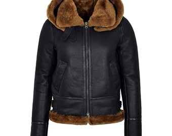 RAF-vliegerjas dames, zwart met gemberbont leren jas van echt schapenvacht, afneembaar leren jack met capuchon, B3-bomberjack
