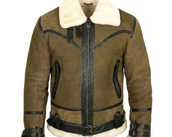 Distressed groene RAF Aviator B3-bomberjas heren, echt schapenvachtleer