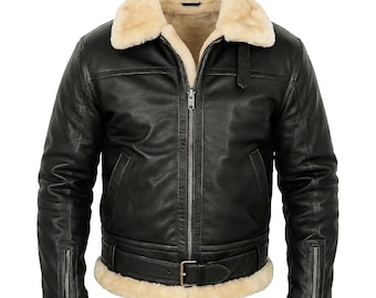 Zwart schapenvacht B3-bomberjack heren, RAF Aviator Shearling-winterjas