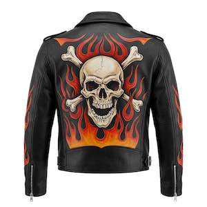 Peut inclure: Veste en cuir noire avec un motif de crâne et d'os croisés et des flammes sur le dos et les manches. La veste a un style motard classique avec un col cranté, une fermeture éclair et une ceinture à boucle à la taille.