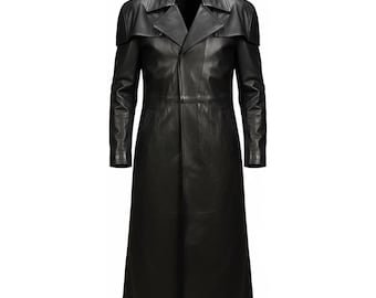 Zwarte echte schapenleer-trenchcoat heren, Ranger-cosplaystofdoek