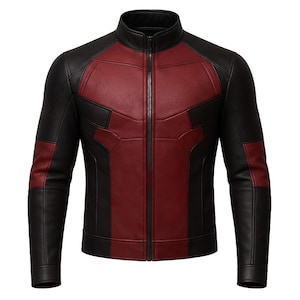 May include: A black and burgundy leather jacket with a stand-up collar and a full-length zipper. The jacket features burgundy panels on the chest and shoulders, with black accents on the sleeves and sides. The jacket has a sleek, modern design.