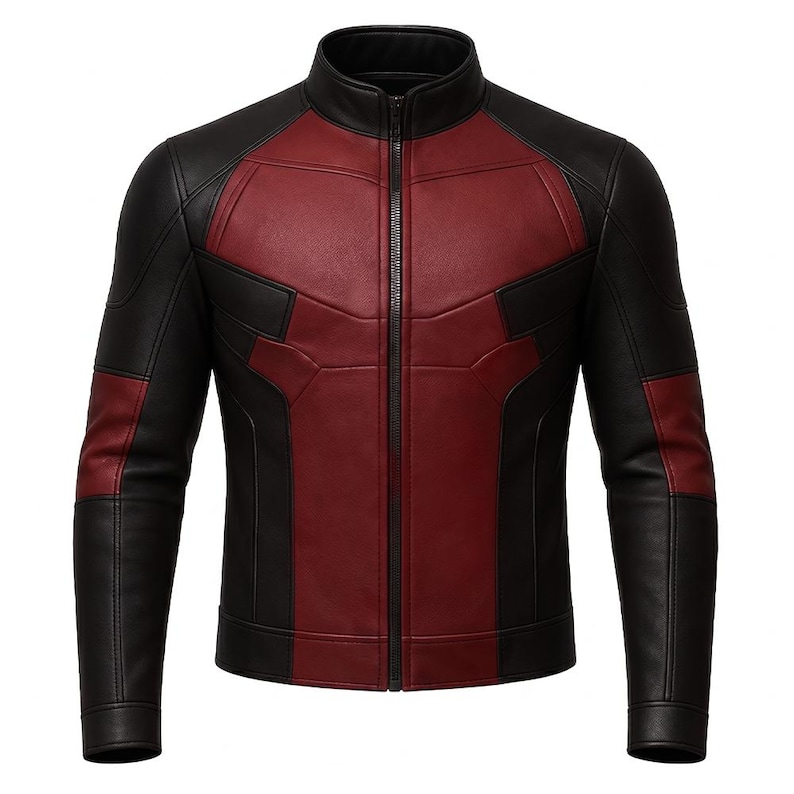 May include: A black and burgundy leather jacket with a stand-up collar and a full-length zipper. The jacket features burgundy panels on the chest and shoulders, with black accents on the sleeves and sides. The jacket has a sleek, modern design.