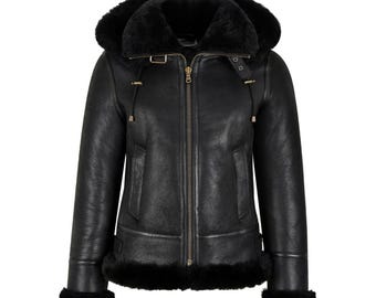 Afneembaar B3-bomberjack met capuchon, RAF Aviator Pilot Flying-jas dames, echt schapenvachtleren jack van schapenvacht, warme winterjas