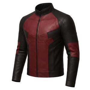May include: A two-tone leather jacket in black and burgundy. The jacket features a stand-up collar, a full-length zipper, and panels of burgundy on the chest and shoulders. The sleeves and side panels are black.