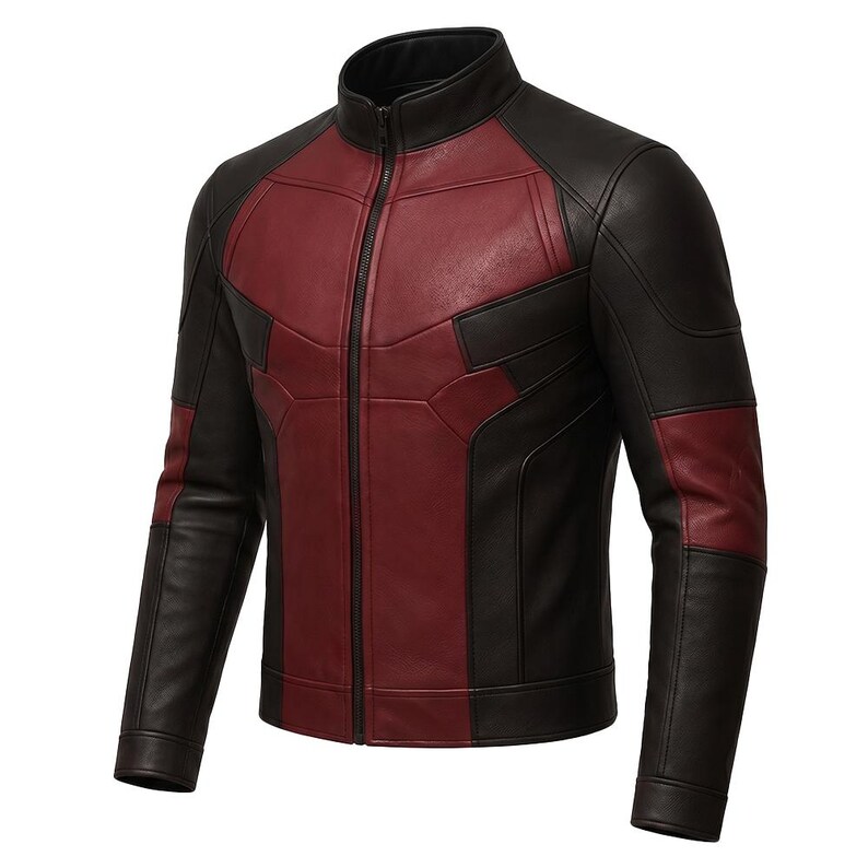 May include: A two-tone leather jacket in black and burgundy. The jacket features a stand-up collar, a full-length zipper, and panels of burgundy on the chest and shoulders. The sleeves and side panels are black.