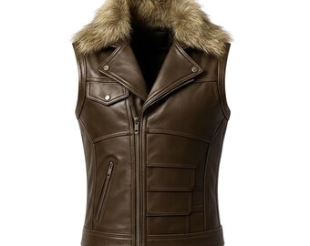 Herren Braun Leder Biker Weste, Echte Schaffell Lederweste, Slim Fit Motorradweste, Handgemachte Pelzkragen Weste, Ärmellose Lederjacke