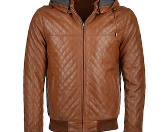 Diamond-gewatteerd leren bomberjack heren, zwarte en bruine jas met capuchon van echte schapenvacht, winterjack in bikerstijl voor heren, warme bovenkleding