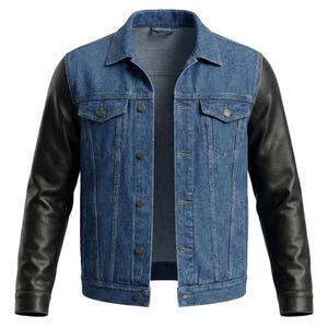 May include: A blue denim jacket with black leather sleeves. The jacket has a classic collar, button-down front, and two chest pockets. The sleeves are a contrasting black, giving the jacket a unique, stylish look.