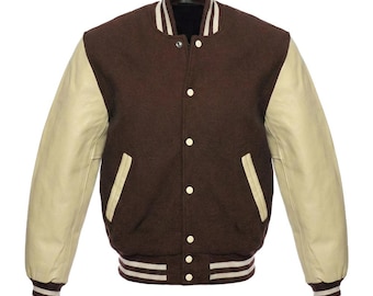 Bruin wollen varsityjack, beige leren mouwen, college bomber