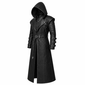 Herr svart trenchcoat med läderhuva | Gotisk steampunk lång överrock