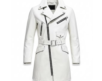 Witte herentrenchcoat van imitatieleer, stijl Tweede Wereldoorlog, gekruiste ritssluiting, reverskraag, double-breasted