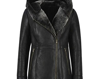 Zwart B3-bomberjack dames, winterjas van echt schapenvachtleer, pilot Flying Aviator-jas, lange jas met capuchon, bontjas