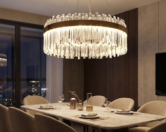 Lampadario moderno con alone di cristallo, lampada a sospensione in acciaio inossidabile dorato, arredamento minimalista nordico per soggiorno, lussuosa lampada a sospensione rotonda in stile Art Déco.