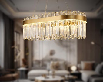 Oval Crystal Chandelier, Gold Luxury Pendant Light, Nordic Minimalist LED Hanging Lamp