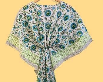 Floral Cotton Kaftan Dress | Handmade Block Print, Boho Resort Wear