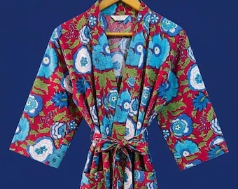 Red Blue Floral Cotton Kimono Robe, Lightweight Boho Summer Lounge Wear