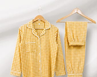 Conjunto de pijama de algodón con estampado de cuadros amarillos, pijama con botones, ropa de estar por casa suave y transpirable.