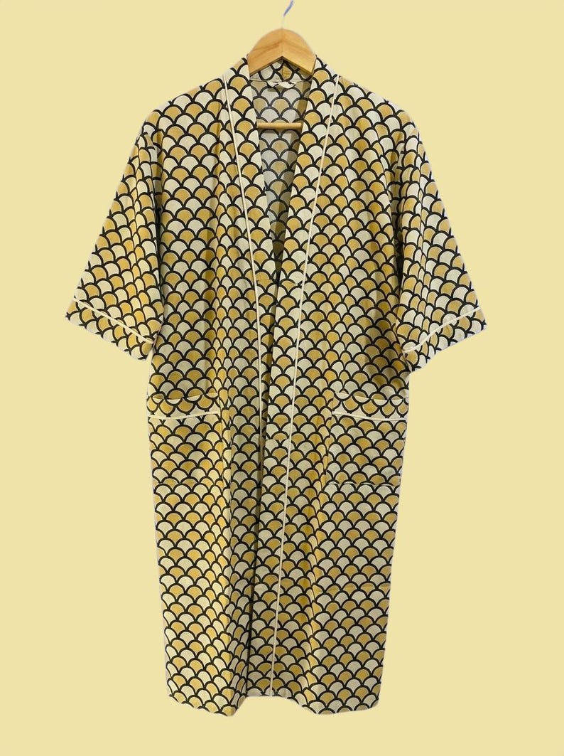 Mustard Yellow Robe Mustard Yellow Scallop Print Kimono Robe, Lightweight Cotton Boho ...