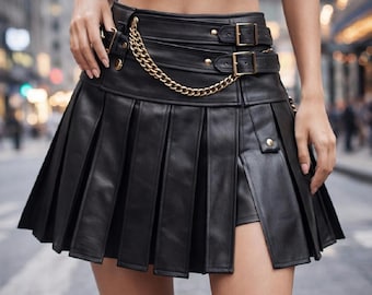 Handmade Black Leather Mini Kilt – Gothic Buckle Pleated Skirt