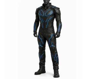 Traje de cuero futurista negro para hombre con ribetes de cuero azul: disfraz de armadura táctica