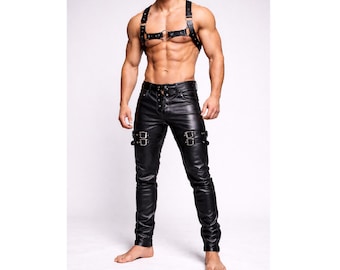 Men's Black Leather Harness & Buckle Pants | Gothic Clubwear