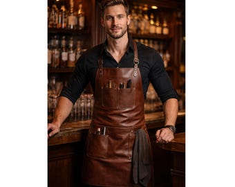 Delantal de camarero de cuero hecho a mano – Delantal de trabajo vintage marrón con bolsillos