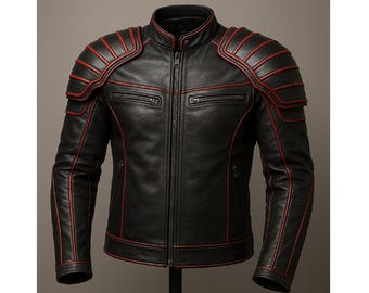 Chaqueta de cuero negra con armadura y ribete rojo para hombre: estilo motero futurista