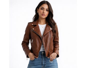 Handmade Women Brown Leather Jacket – Stylish Moto Biker Coat, Premium Real Leather, Casual Streetwear Fashion