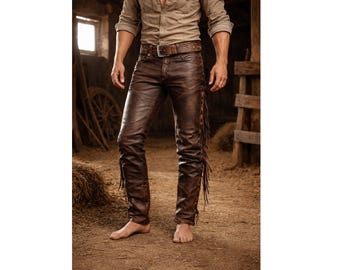 Pantalones de cuero marrón con flecos para hombre: pantalones vaqueros occidentales hechos a mano